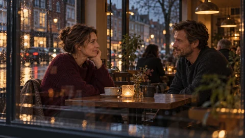 Fiktivt seriemotiv: to venner ved et cafébord bag et regnvådt vindue