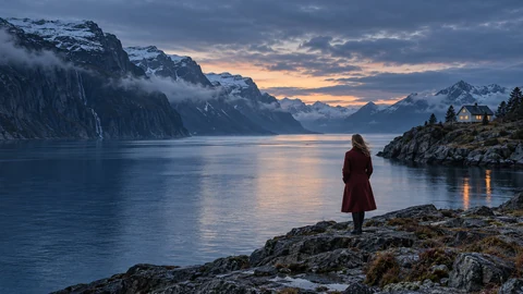 Fiktivt filmmotiv: en kvinde i rød frakke ved en fjord i blåt aftenlys