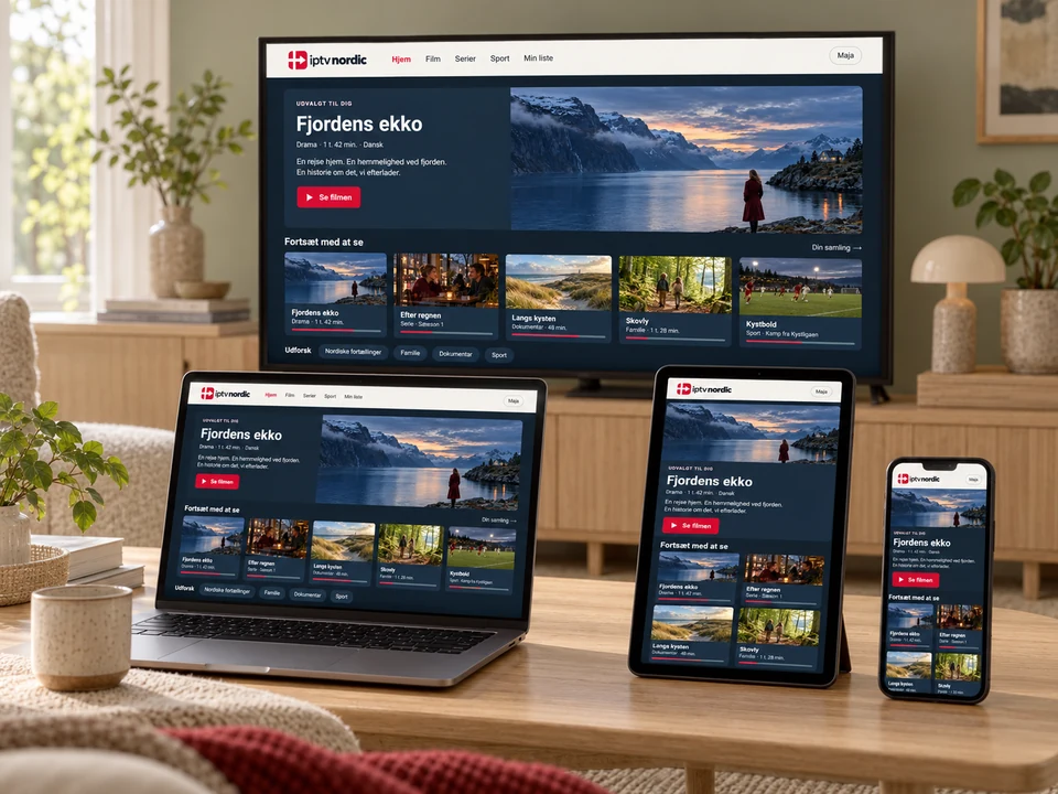 TV, bærbar computer, tablet og mobil, der alle viser iptv nordics brugerflade