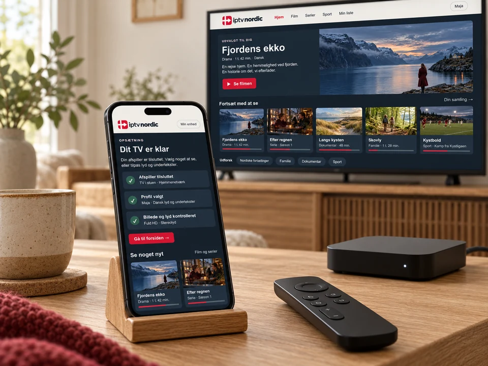 Mobil med en afsluttet opsætning ved siden af et TV, en streamingboks og en fjernbetjening