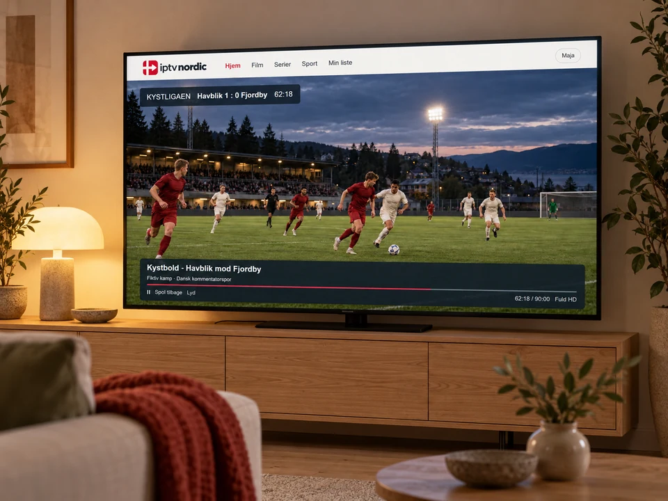 TV i en dansk stue om aftenen med en fiktiv fodboldkamp i iptv nordics afspiller