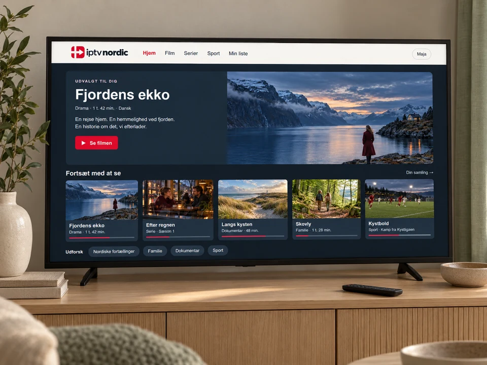Nærbillede af et TV med iptv nordics brugerflade og fiktive nordiske film og serier