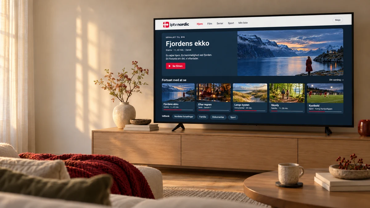 IPTV Nordic på et Smart TV i en lys dansk stue med egetræsmøbler og hør