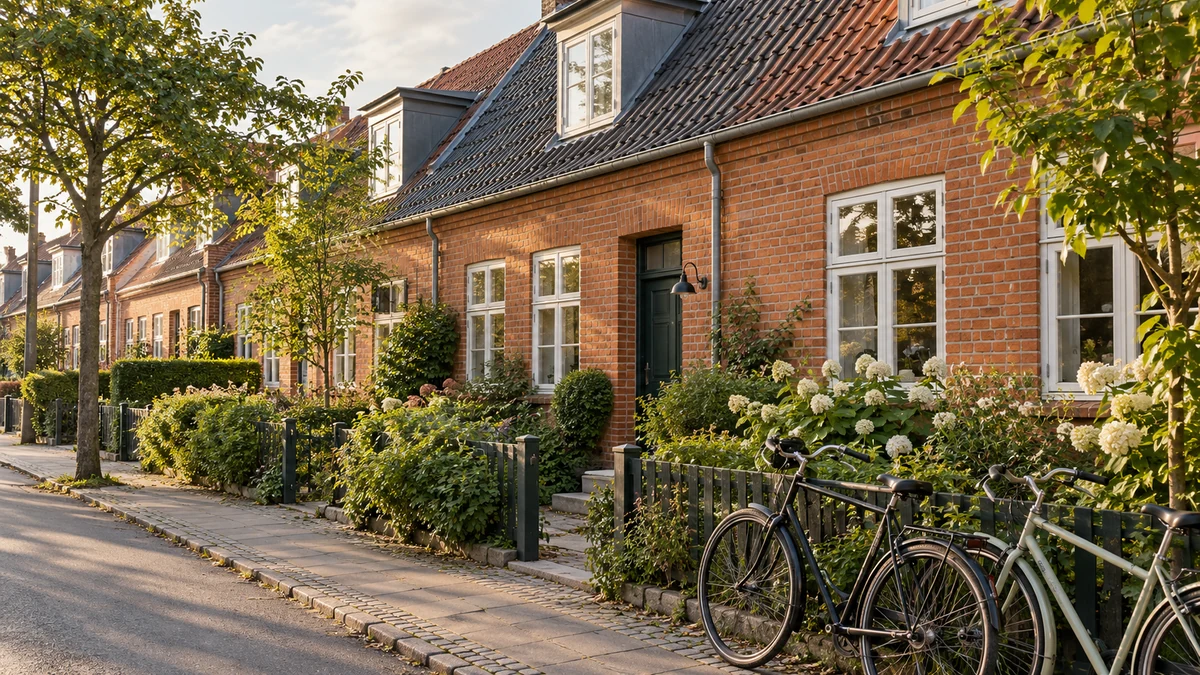 Rolig dansk boligvej med røde murstenshuse, cykler og grønne forhaver i aftensol