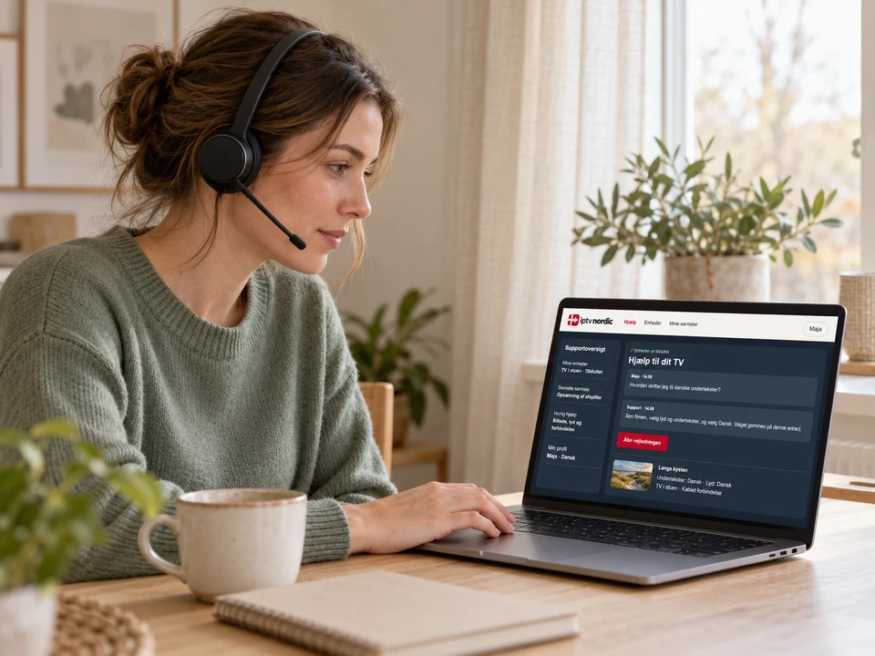 Supportmedarbejder med headset hjælper en kunde via en dansk chat på sin bærbare computer