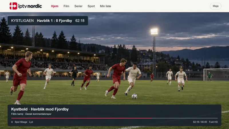 Eksempel på iptv nordics sportsafspiller med en fiktiv kamp mellem Havblik og Fjordby