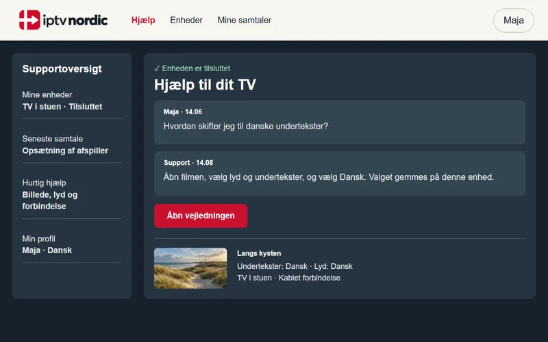 Eksempel på en dansk supportsamtale om undertekster i iptv nordics hjælpecenter